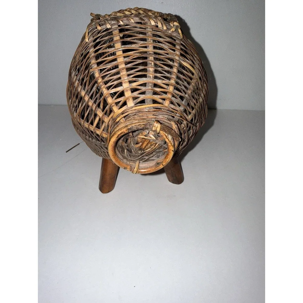 Vintage woven bamboo wicker pig basket planter boho cottagecore decor farmhouse